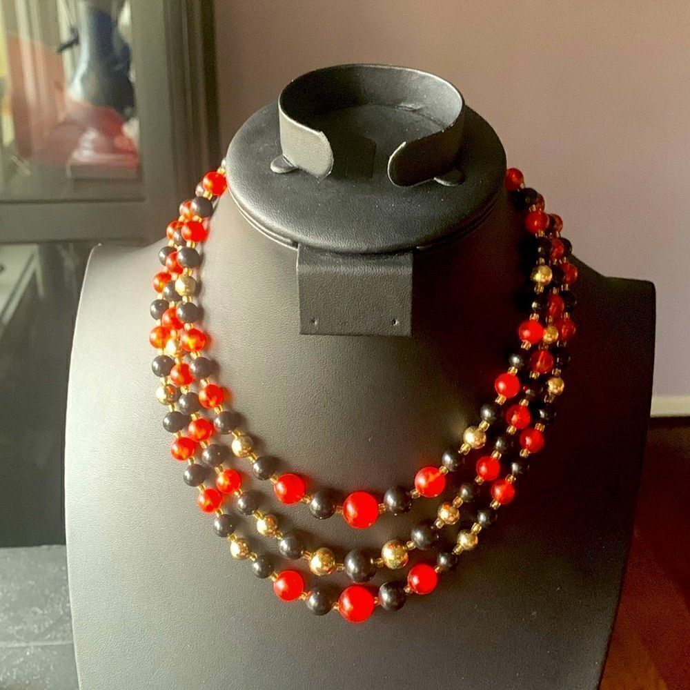 Vintage Multicolor Beaded 3-strand Necklace, Unmarked, Gold tone